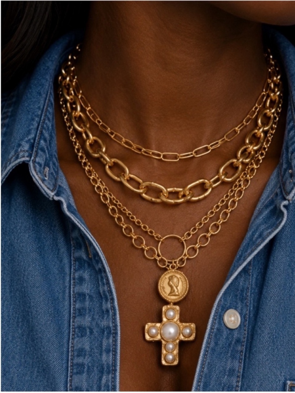 New! Gold Coin Cross Necklace Stack Set NWOT (1006)